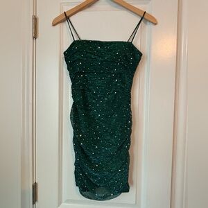 Lulus Flirty Vibes Teal Sparkly Ruched Bodycon Mini Dress, Size Small